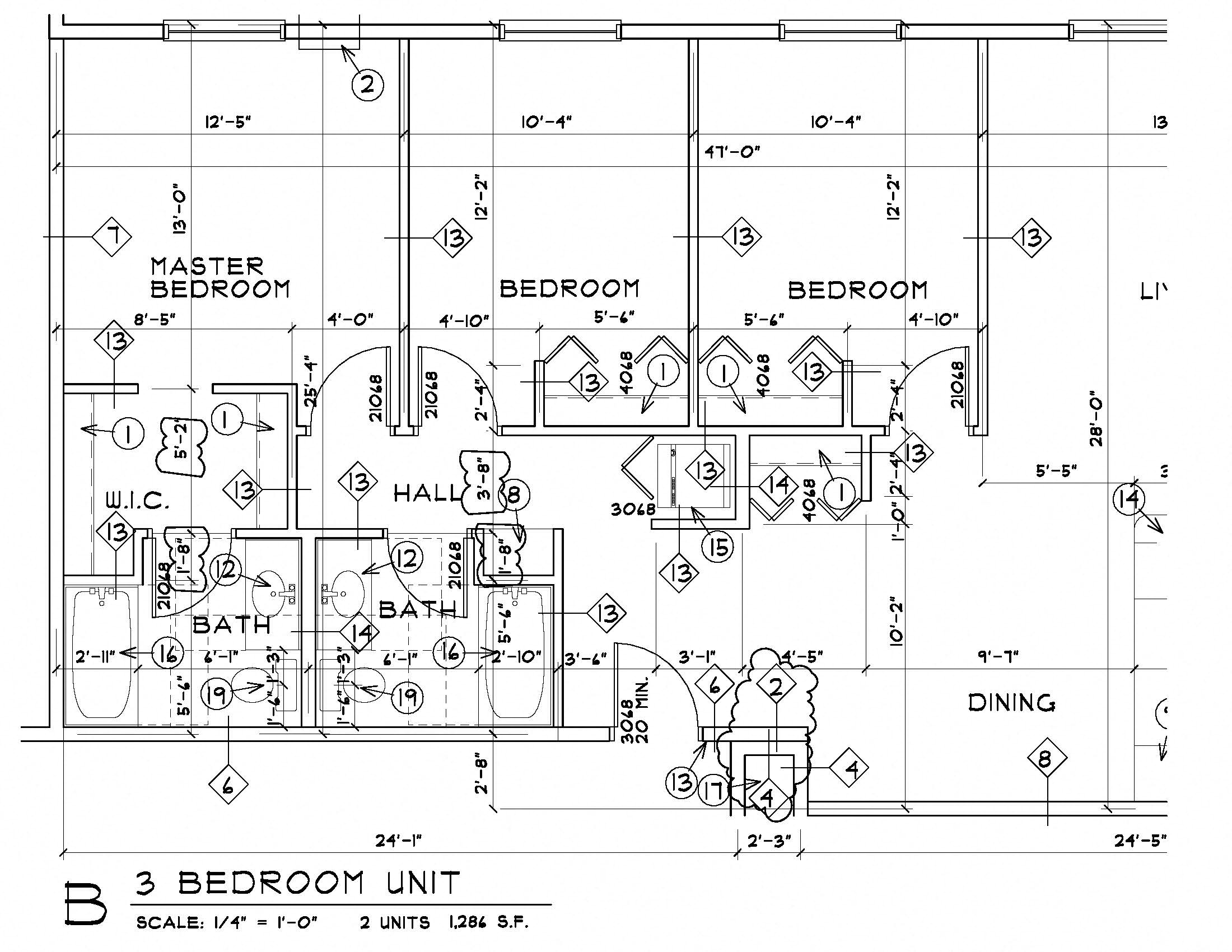 Floor plan for 3 beds, 2 baths, 1286 sqft